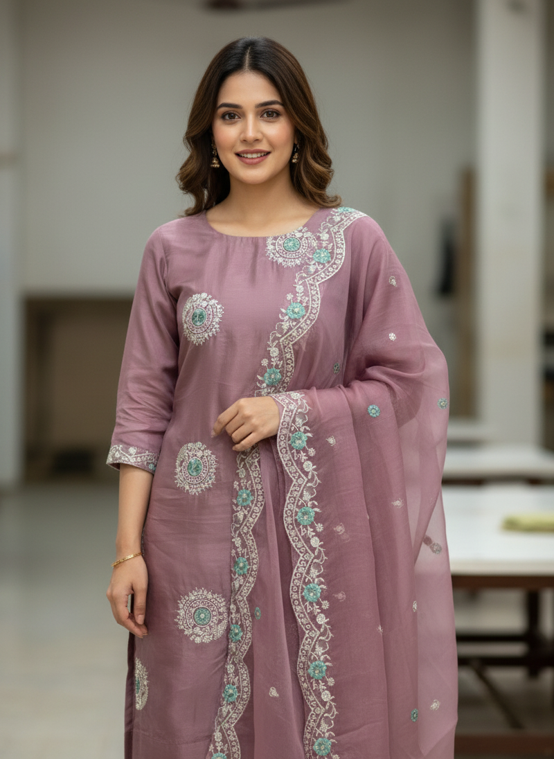 Raw silk shifli work with chiffon Duppta