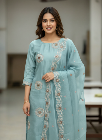 Raw silk shifli work with chiffon Duppta