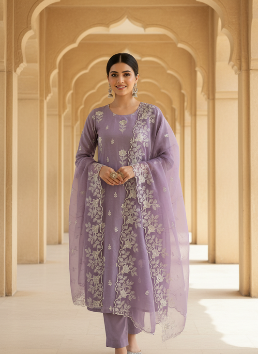 Raw silk bunch style with chiffon Duppta